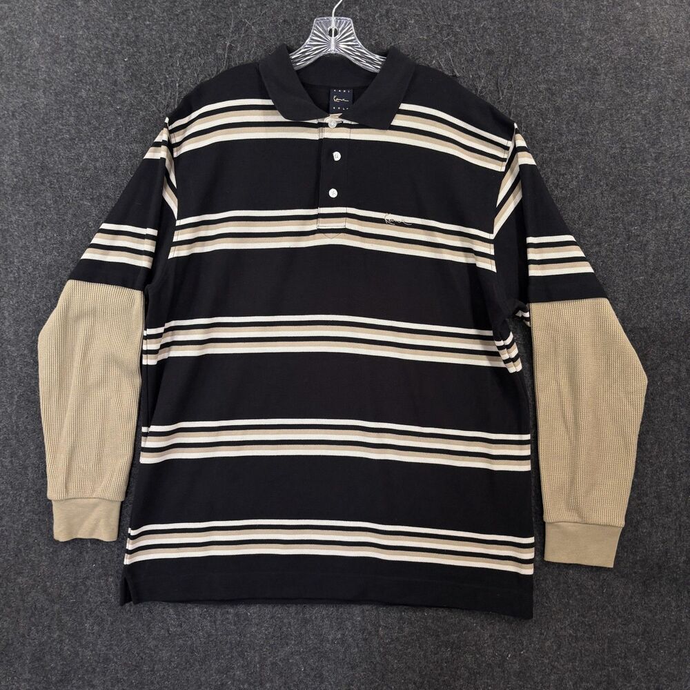 Kani Gold Polo Shirt Men's XL Black Striped Long Sleeve Knit Casual Logo